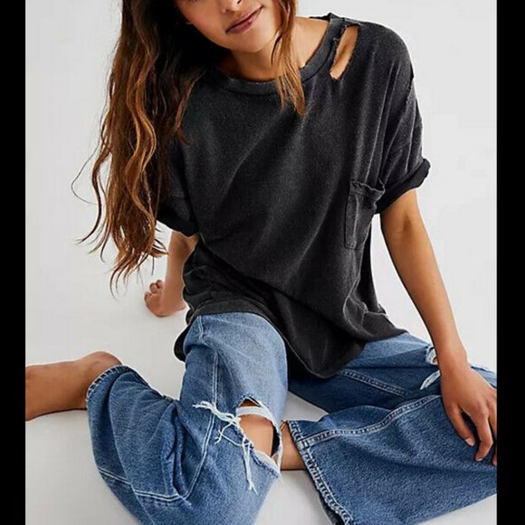 FREE PEOPLE WE THE FREE WASHED BLACK SHORT SLEEVE OVERSIZED DISTRESS RUBI TEE - Picture 4 of 4